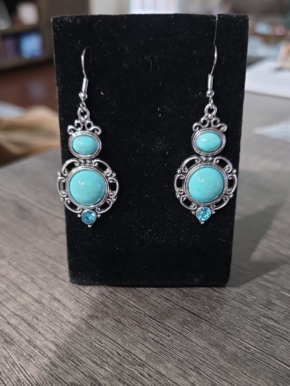Turquoise Drop Filigree Earrings - Blue Stone Dangle